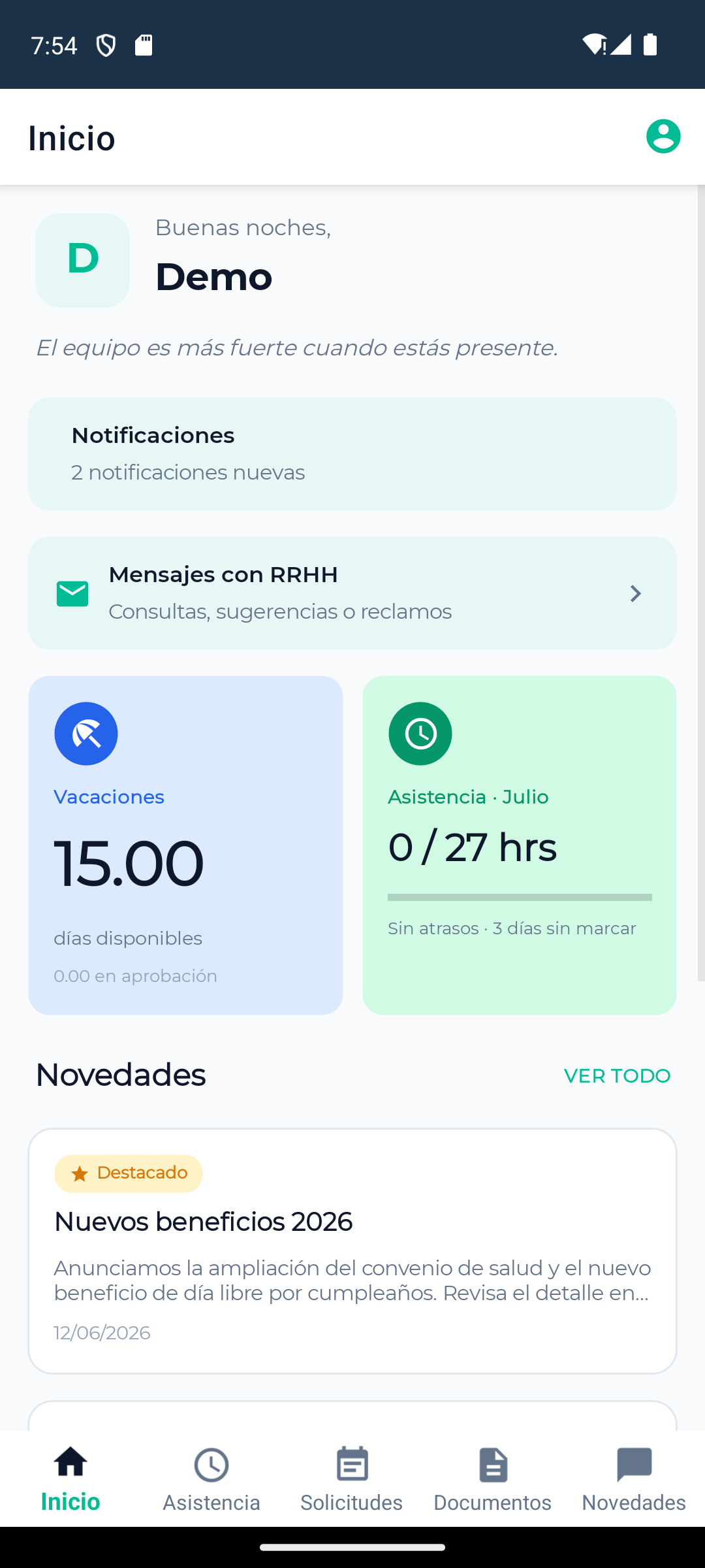 Pantalla de inicio de la app móvil