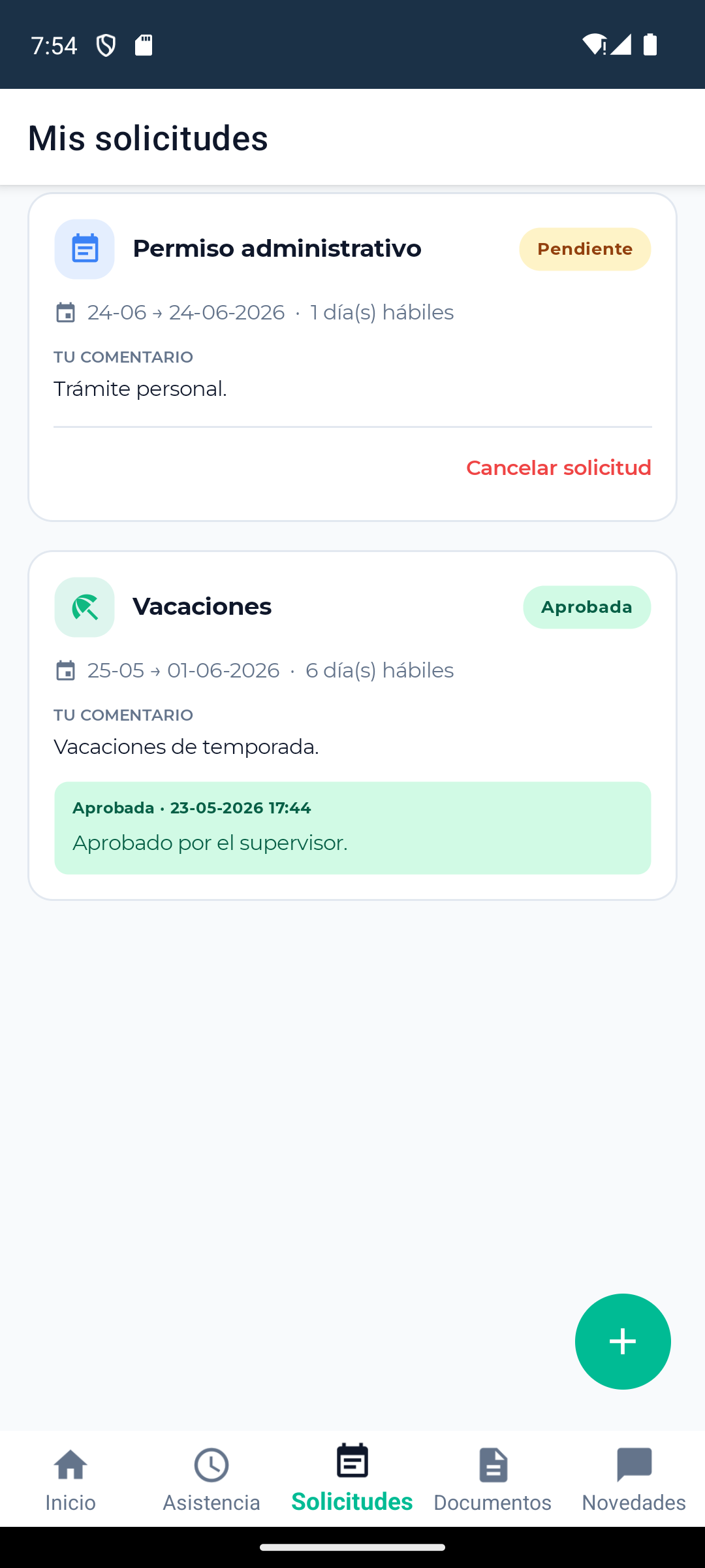 Solicitudes de vacaciones y permisos en la app
